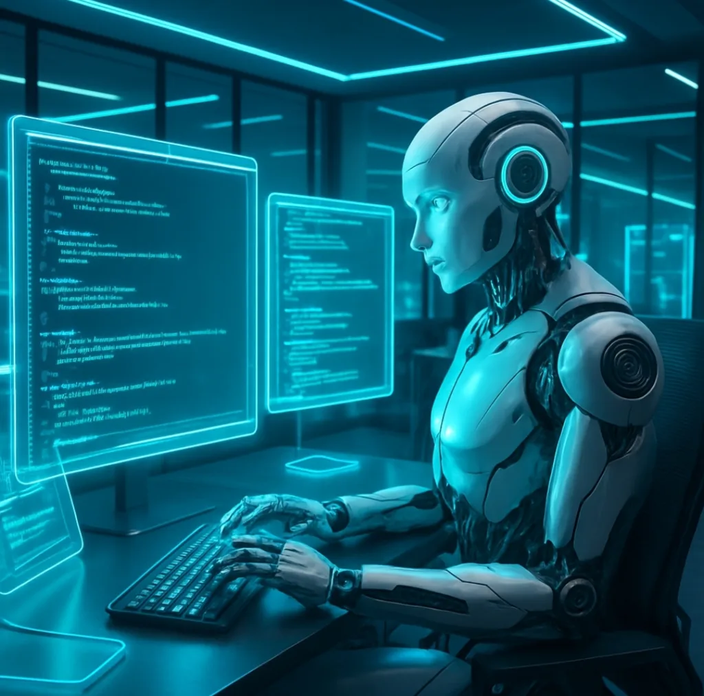 AI programmer working with advanced holographic coding screens, representing OpenAI Codex 2.0 capabilities