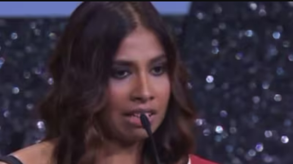 Anuparna Roy delivering her Palestine speech after winning Best Director at Venice Film Festival