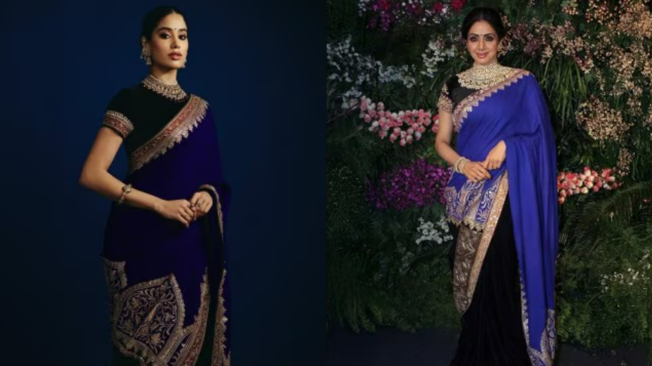 Janhvi Kapoor in Sridevi’s royal blue pashmina saree at Hoebound premiere